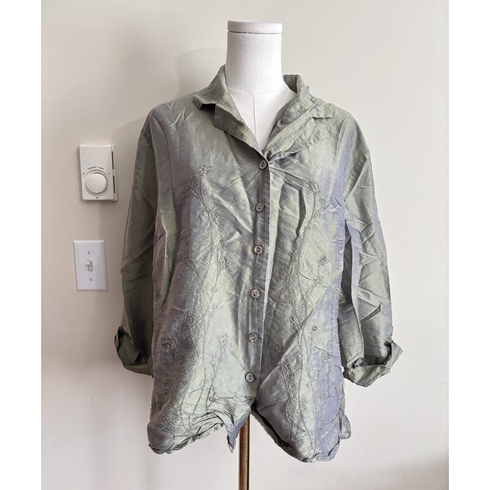 Silkland Button Up Shirt Womens Plus Size 2X Fairy Whimsy Y2K 100% SILK Green
